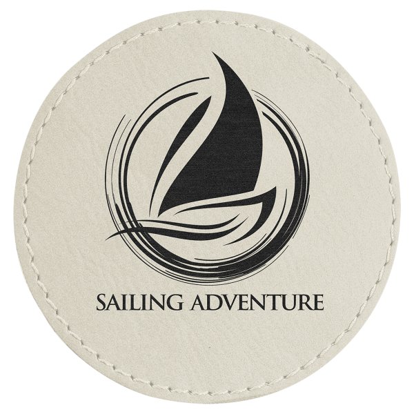 3" Round White Engraved Faux Leather Patch with Adhesive - White