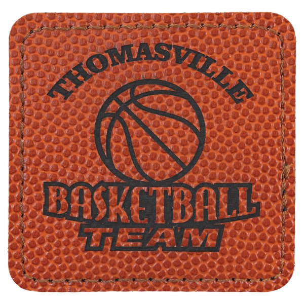 2 1/2" x 2 1/2" Square Basketball Engraved Faux Leather Patch with Adhesive - Orange