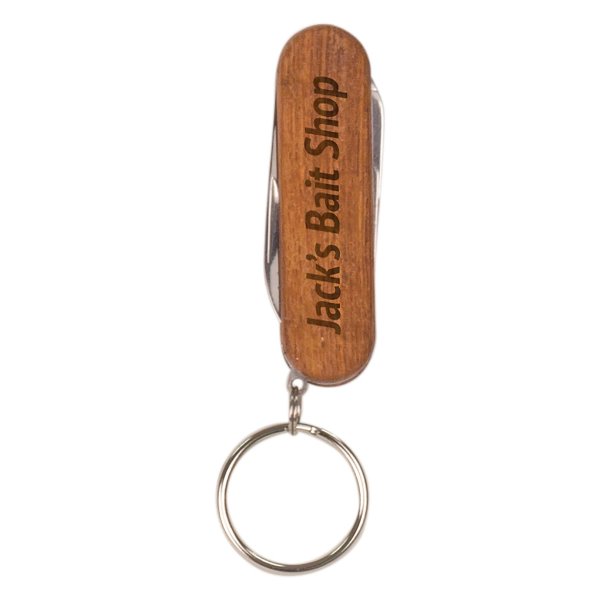 2 1/4" Wooden 3-Function Pocket Knife with Keychain - Brown
