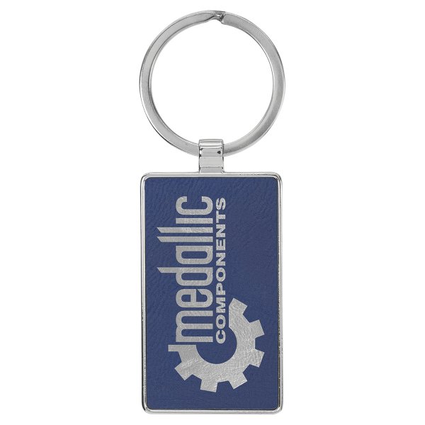 2 3/4" x 1 1/4" Engraved Faux Leather/Metal Blue/Silver Rectangle Keychain - Blue