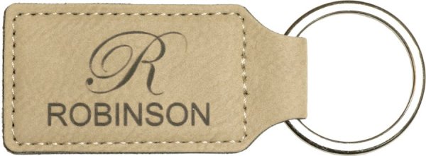 2 3/4" x 1 1/4" Light Brown Engraved Faux Leather Rectangle Keychain - Light Brown