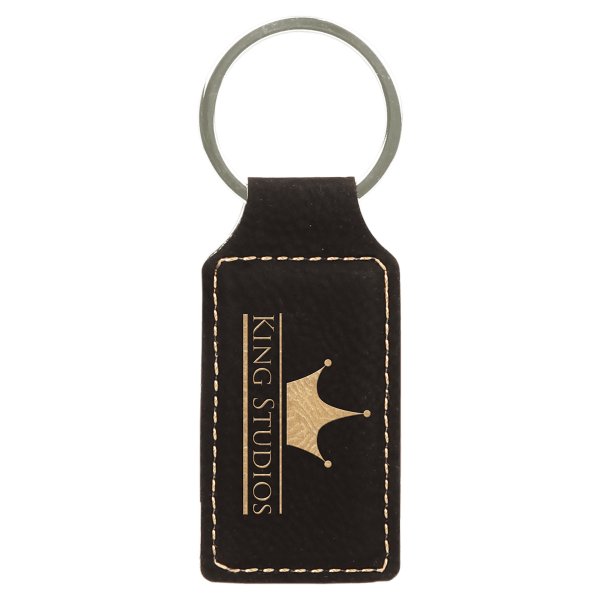 2 3/4" x 1 1/4" Black/Gold Engraved Faux Leather Rectangle Keychain - Black
