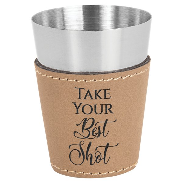 2 oz. Light Brown Engraved Faux Leather & Stainless Steel Shot Glass - Brown/Silver