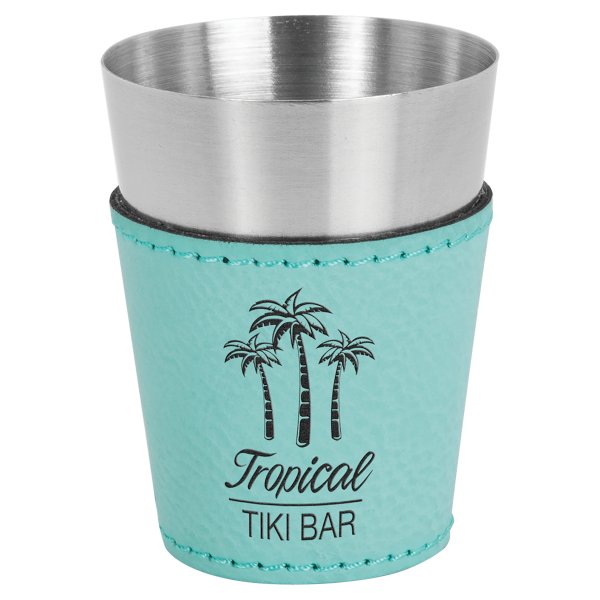 2 oz. Teal Engraved Faux Leather & Stainless Steel Shot Glass - Teal/Silver