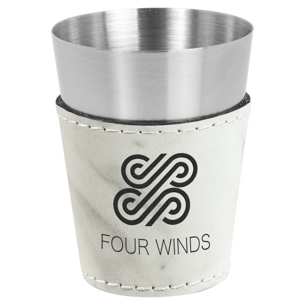 2 oz. White Marble Engraved Faux Leather & Stainless Steel Shot Glass - White Marble