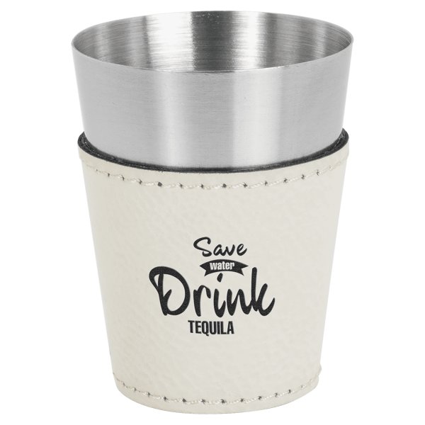 2 oz. White Engraved Faux Leather & Stainless Steel Shot Glass - White