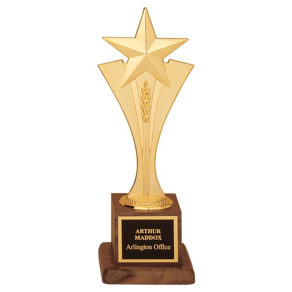 3 1/2" x 10" Modern Goldtone Star Casting on a Walnut Finish Base with Custom Engraved Black Brass Plate - Black/Gold/Walnut