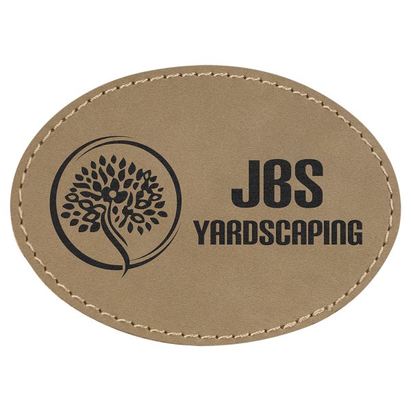 3 1/2" x 2 1/2" Light Brown Engraved Faux Leather Oval Patch with Adhesive - Light Brown