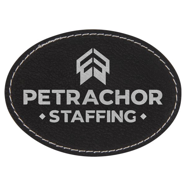 3 1/2" x 2 1/2" Black/Silver Engraved Faux Leather Oval Patch with Adhesive - Black