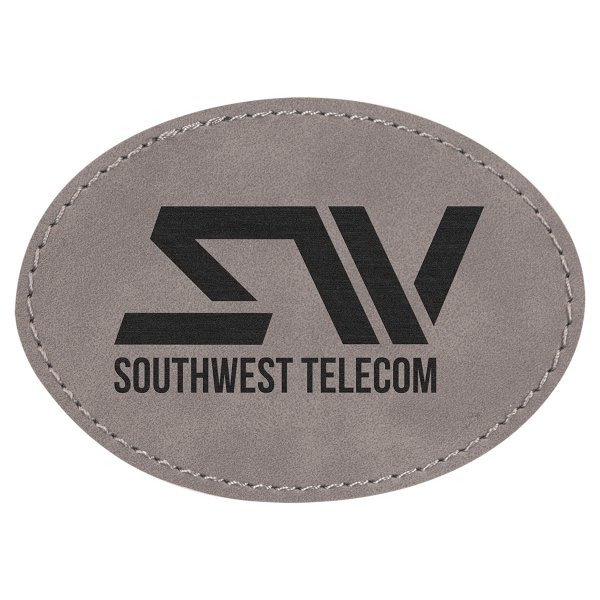 3 1/2" x 2 1/2" Gray Engraved Faux Leather Oval Patch with Adhesive - Silver