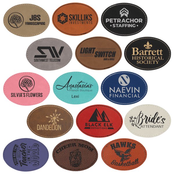 3 1/2" x 2 1/2" Oval Engraved Faux Leather Patch with Kota Pro Adhesive - Various