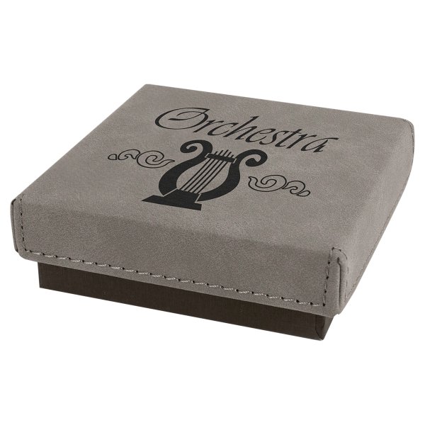 3 1/2" x 3 1/2" Gray Medal Box with Engraved Faux Leather Lid - Gray