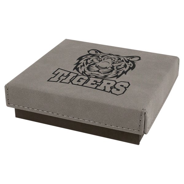 4" x 4" Gray Medal Box with Engraved Faux Leather Lid - Gray