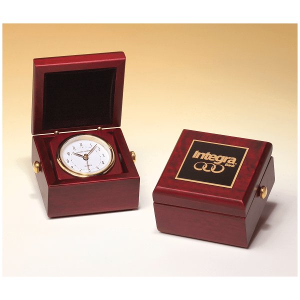 3 1/2" x 3 1/2" Hand Rubbed Mahogany Finish Box Clock, Metal Goldtone Knobs and Velour Lined Lid with Black Plate - Mahogany/Black/Gold