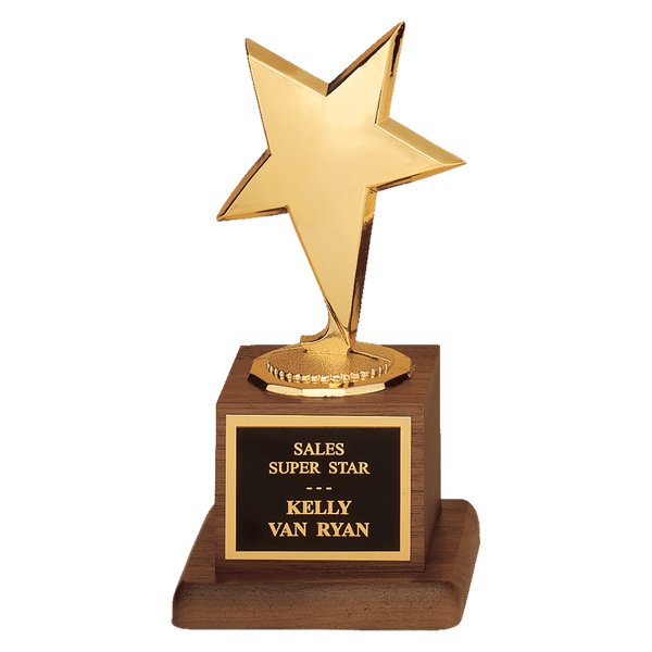 3 1/2" x 6 3/4" Modern Star Casting in Goldtone Finish on Walnut Finish Base with Black Custom Engraved Plate - Gold/walnut/black