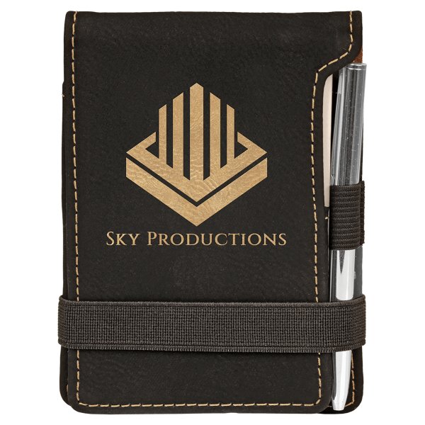 3 1/4" x 4 3/4" Black/Gold Engraved Faux Leather Mini Notepad with Pen - Black