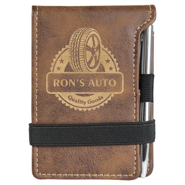 3 1/4" x 4 3/4" Rustic/Gold Engraved Faux Leather Mini Notepad with Pen - Rustic