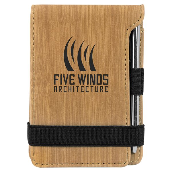 3 1/4" x 4 3/4" Bamboo Engraved Faux Leather Mini Notepad with Pen - Bamboo