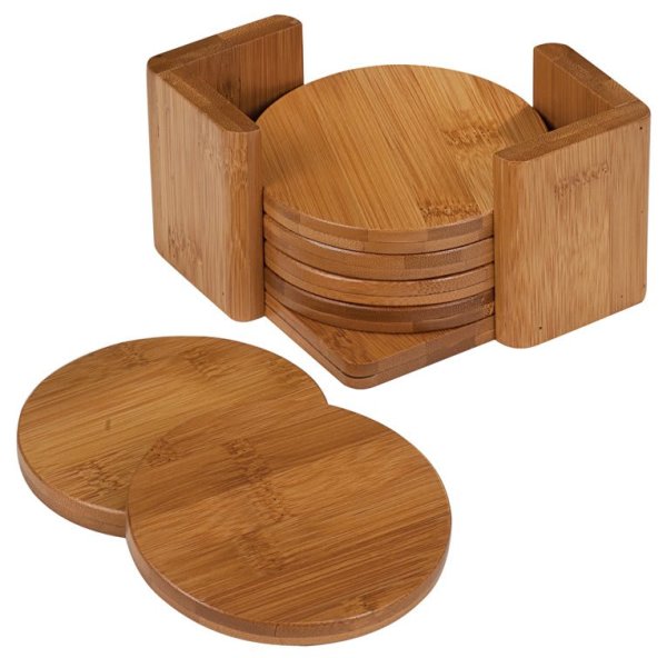 3 3/4" Bamboo Round 6-Coaster Set with Holder - Bamboo