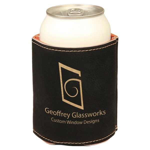 3 3/4" Black/Gold Engraved Faux Leather Beverage Holder - Black