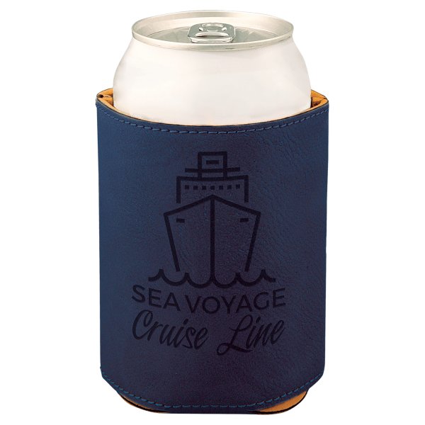 3 3/4" Blue/Black Engraved Faux Leather Beverage Holder - Blue