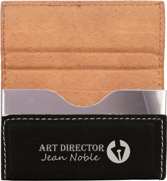 3 3/4" x 2 3/4" Black/Silver Engraved Faux Leather Hard Business Card Holder - Black/Silver