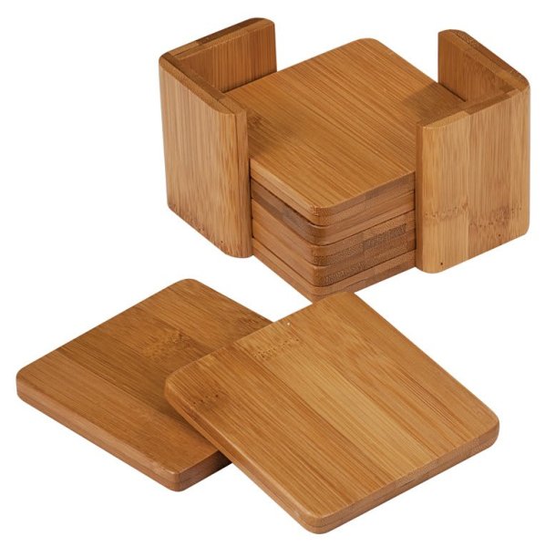 3 3/4" x 3 3/4" Bamboo Square 6-Coaster Set with Holder - Bamboo