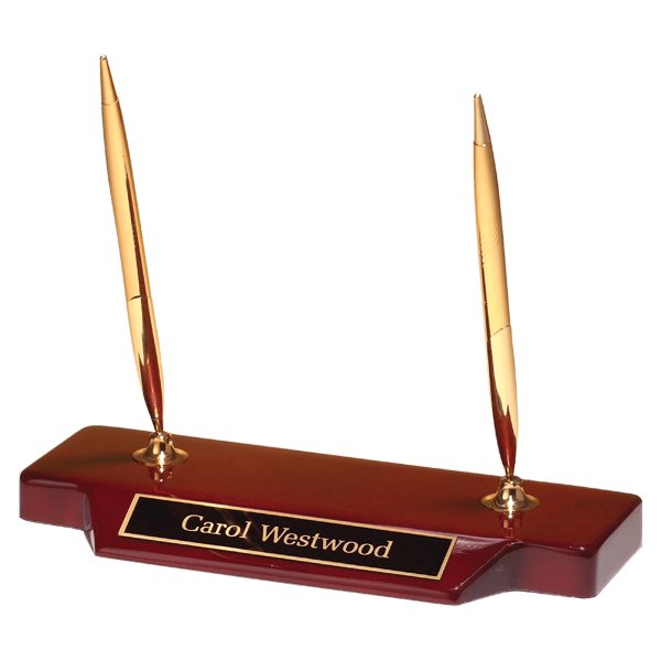 3 3/4" x 9" Double Gold-Tone Pen Set on Rosewood Piano Finish Base with Black Brass Plate - Rosewood/Gold