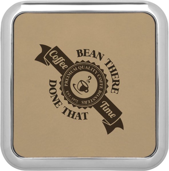 3 5/8" x 3 5/8" Square Light Brown Engraved Faux Leather Coaster w/Silver Edge - Light Brown/Silver