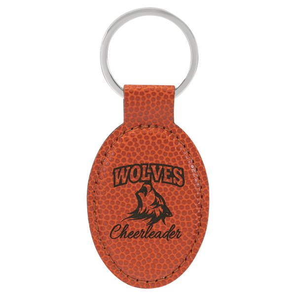 3" x 1 3/4" Basketball Engraved Faux Leather Oval Keychain - Orange
