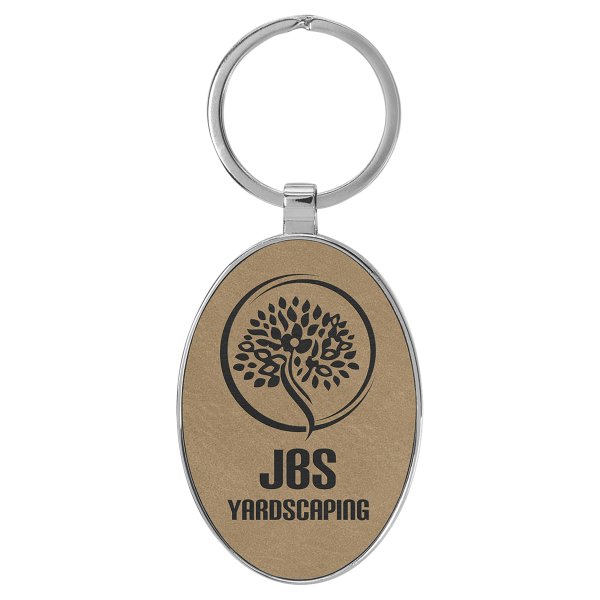 3" x 1 3/4" Engraved Faux Leather/Metal Light Brown Oval Keychain - Light Brown
