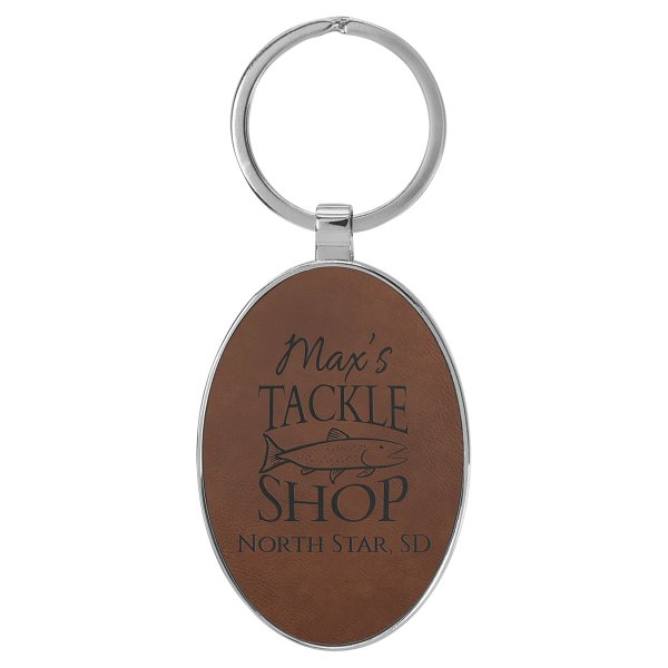 3" x 1 3/4" Engraved Faux Leather/Metal Dark Brown Oval Keychain - Dark Brown