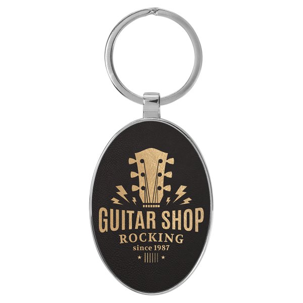 3" x 1 3/4" Engraved Faux Leather/Metal Black/Gold Oval Keychain - Black