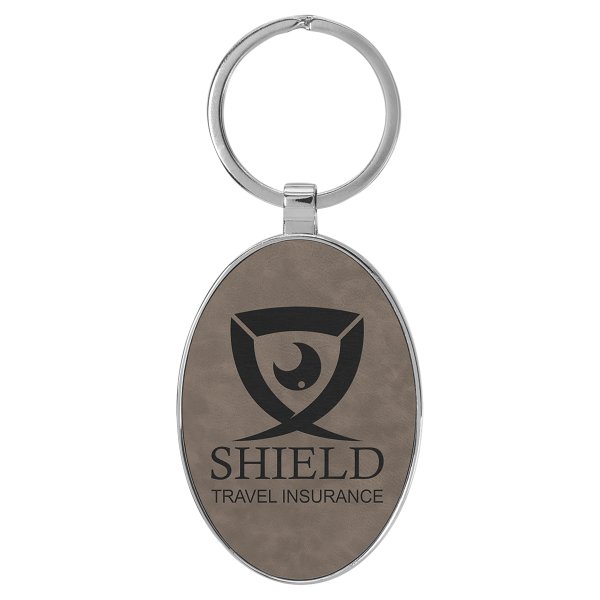 3" x 1 3/4" Engraved Faux Leather/Metal Gray Oval Keychain - Gray