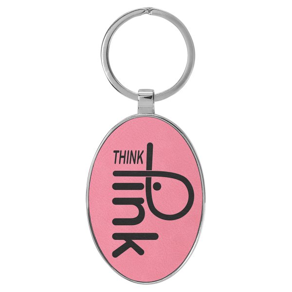 3" x 1 3/4" Engraved Faux Leather/Metal Pink Oval Keychain - Pink
