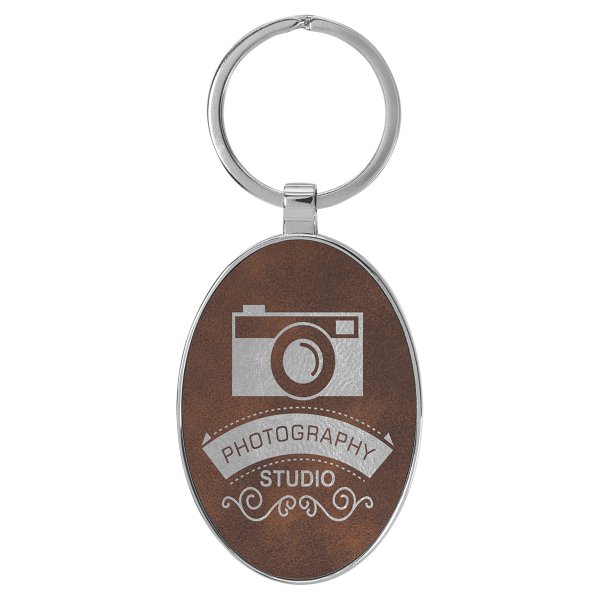 3" x 1 3/4" Engraved Faux Leather/Metal Rustic/Silver Oval Keychain - Rustic