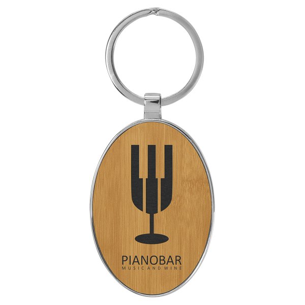 3" x 1 3/4" Engraved Faux Leather/Metal Bamboo Oval Keychain - Bamboo