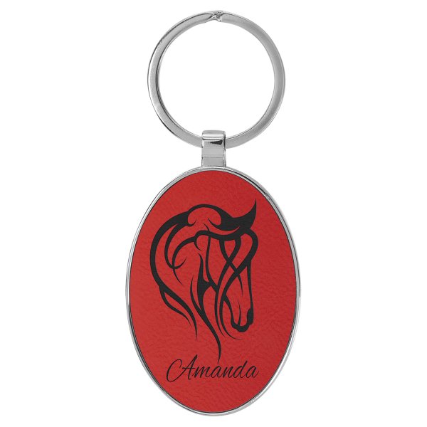 3" x 1 3/4" Engraved Faux Leather/Metal Red Oval Keychain - Red