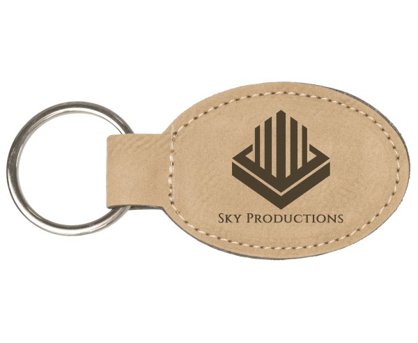 3" x 1 3/4" Light Brown Engraved Faux Leather Oval Keychain - Light Brown