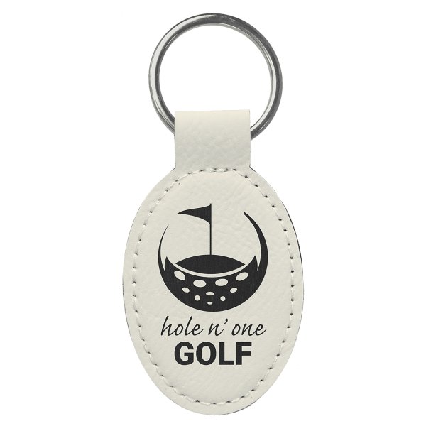 3" x 1 3/4" White Engraved Faux Leather Oval Keychain - White