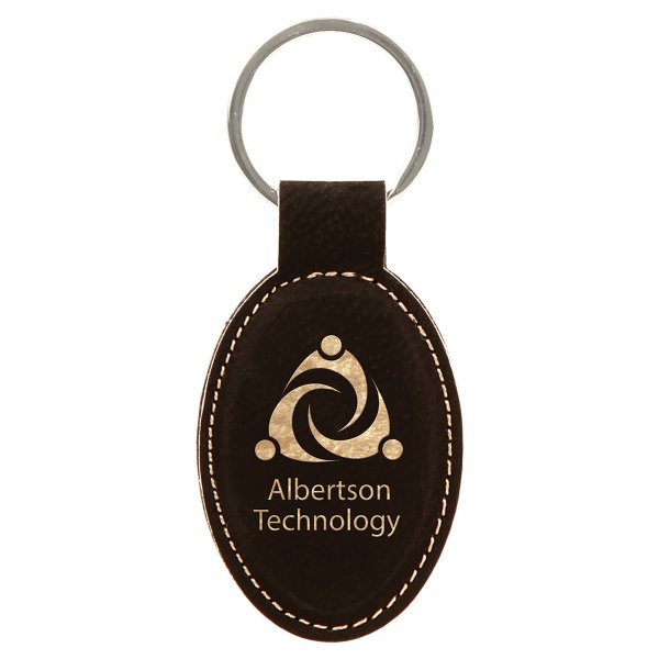 3" x 1 3/4" Black/Gold Engraved Faux Leather Oval Keychain - Black