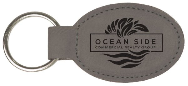 3" x 1 3/4" Gray Engraved Faux Leather Oval Keychain - Gray