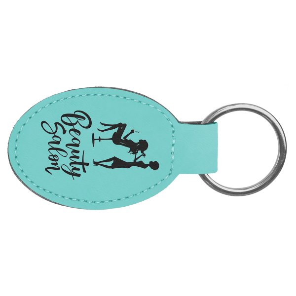 3" x 1 3/4" Teal Engraved Faux Leather Oval Keychain - Teal/Black