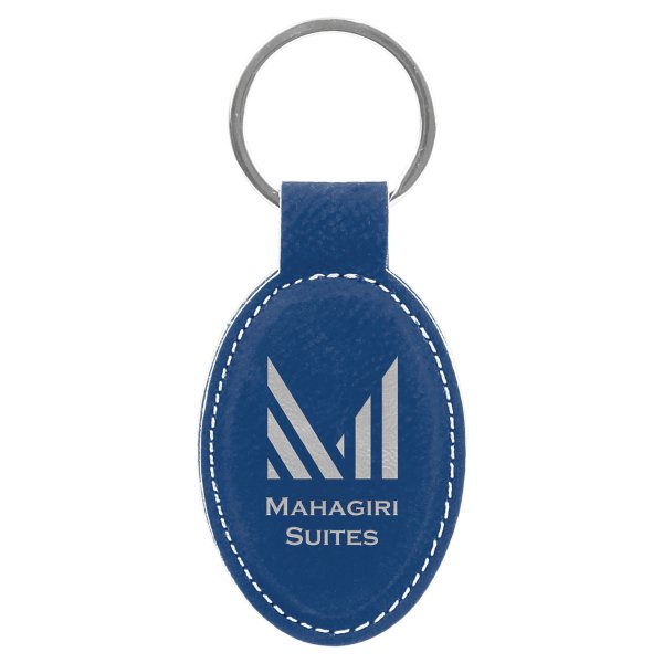 3" x 1 3/4" Blue/Silver Engraved Faux Leather Oval Keychain - Blue/Silver