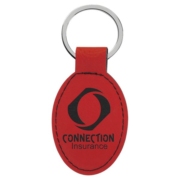 3" x 1 3/4" Red Engraved Faux Leather Oval Keychain - Red