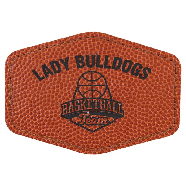 3 1/2" x 2 1/2" Basketball Engraved Faux Leather Hex Patch with Kota Pro Adhesive - Basketball(Orange)
