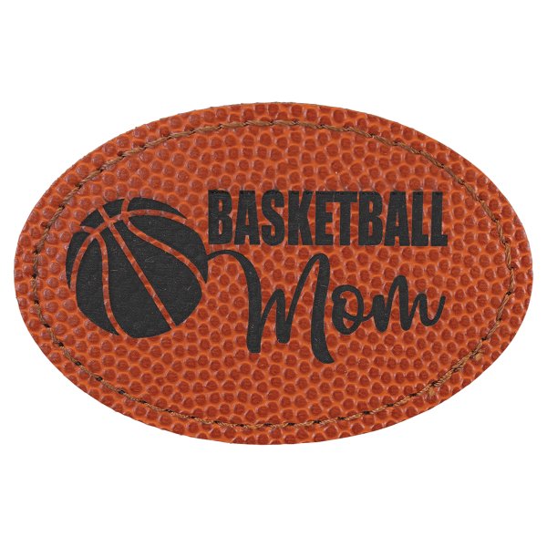 3" x 2" Basketball Engraved Faux Leather Oval Patch with Kota Pro Adhesive - Basketball (Orange)