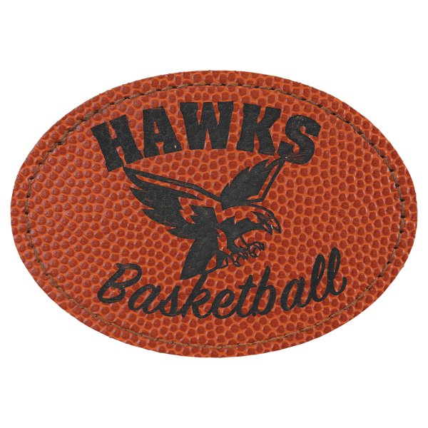 3 1/2" x 2 1/2" Basketball Engraved Faux Leather Oval Patch with Kota Pro Adhesive - Basketball (Orange)