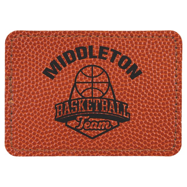 3 1/2" x 2 1/2" Basketball Engraved Faux Leather Rectangle Patch with Kota Pro Adhesive - Basketball (Orange)