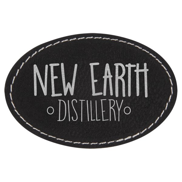 3" x 2" Black/Silver Engraved Faux Leather Oval Patch with Kota Pro Adhesive - Black